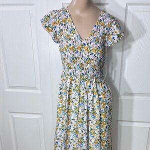 Brand new on 34th Floral Smocked Maxi  Dress in White, Yellow & Blue